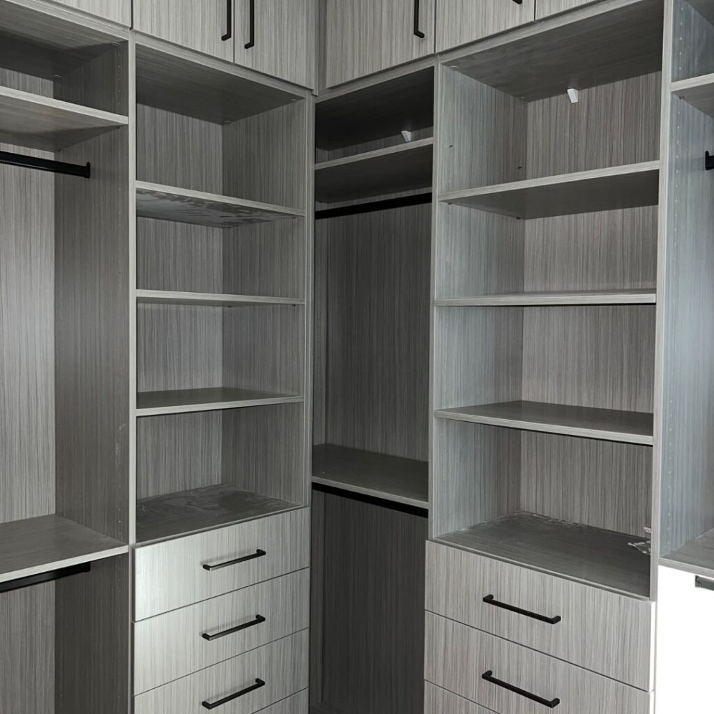 grey wood grain shelves and drawers